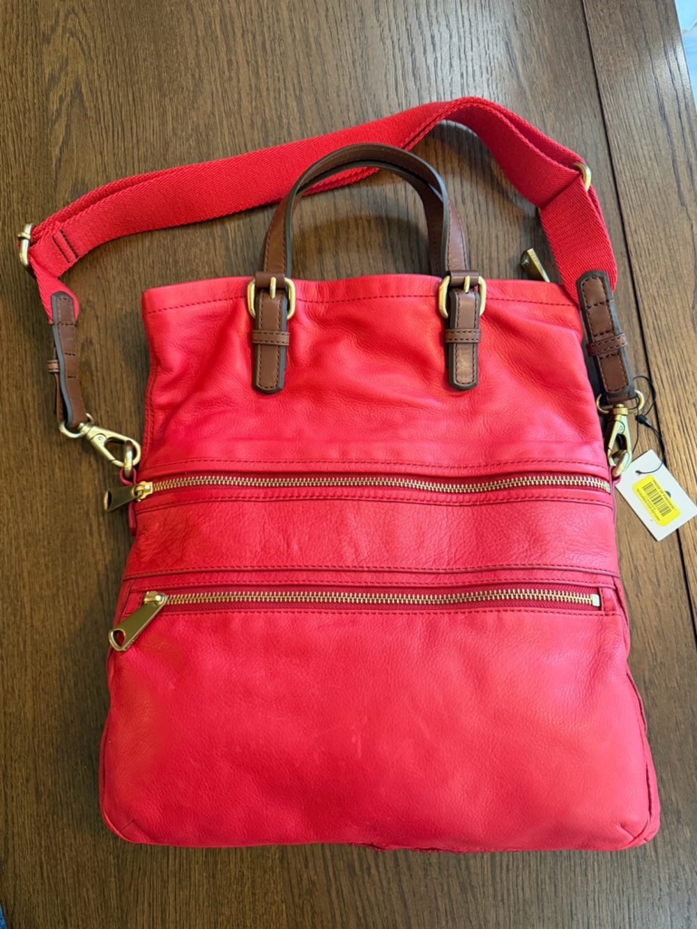 NWT Fossil Red Leather Explorer Fold Over Convertible Shoulder Tote w Brown Trim
